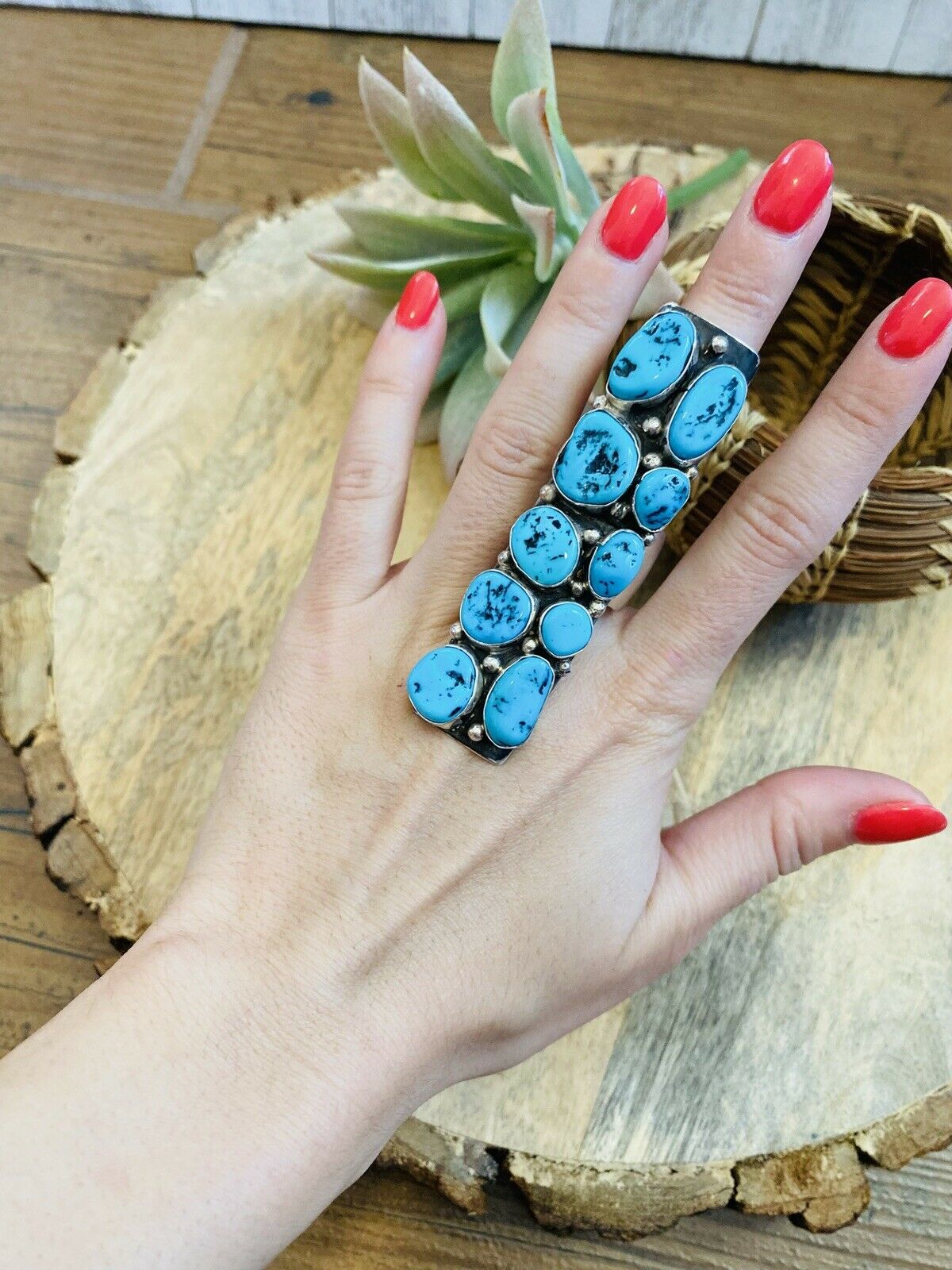 Handcrafted Sleeping Beauty Turquoise & Sterling Silver Ring Signed Size 8.5