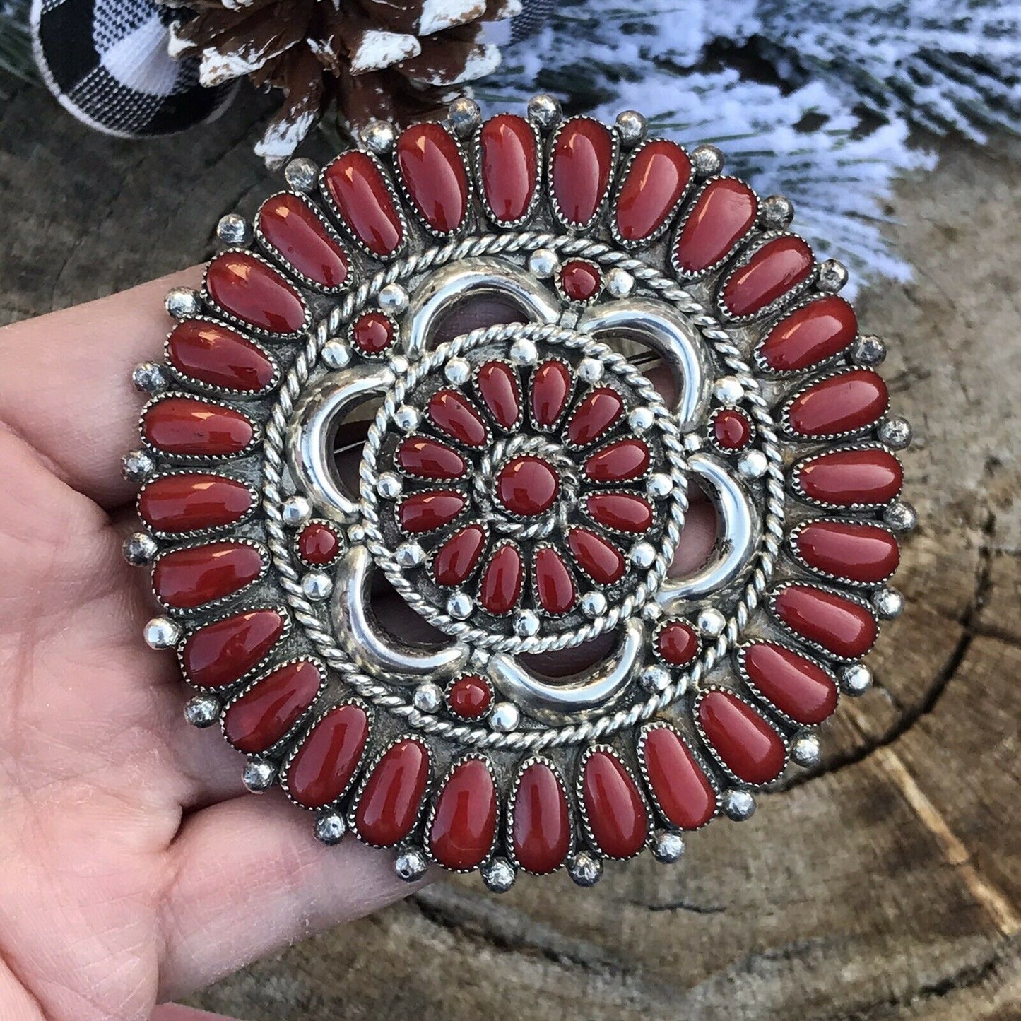 Handcrafted Jumbo Sterling Silver & Natural Red Coral Cluster Pendant/pin Signed