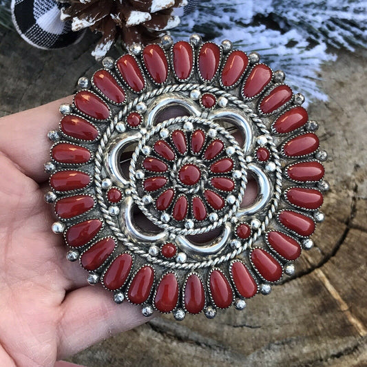 Handcrafted Jumbo Sterling Silver & Natural Red Coral Cluster Pendant/pin Signed