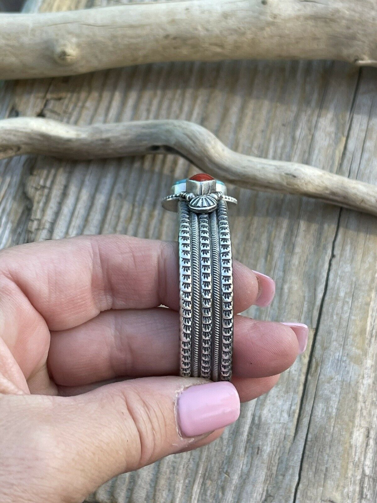 Navajo Sterling Silver Red Coral & Turquoise Bracelet Signed M & R Calladitto /