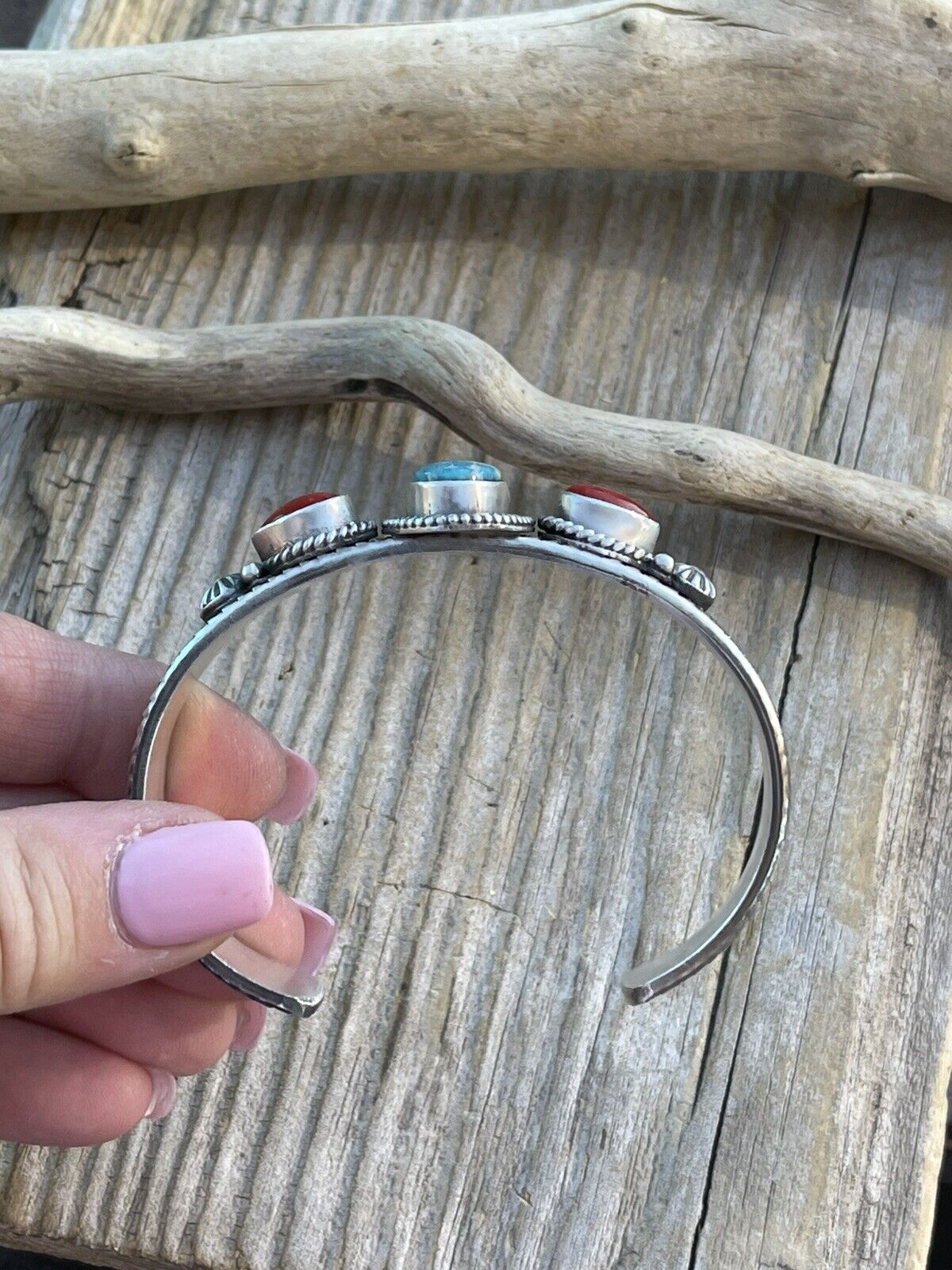 Navajo Sterling Silver Red Coral & Turquoise Bracelet Signed M & R Calladitto /