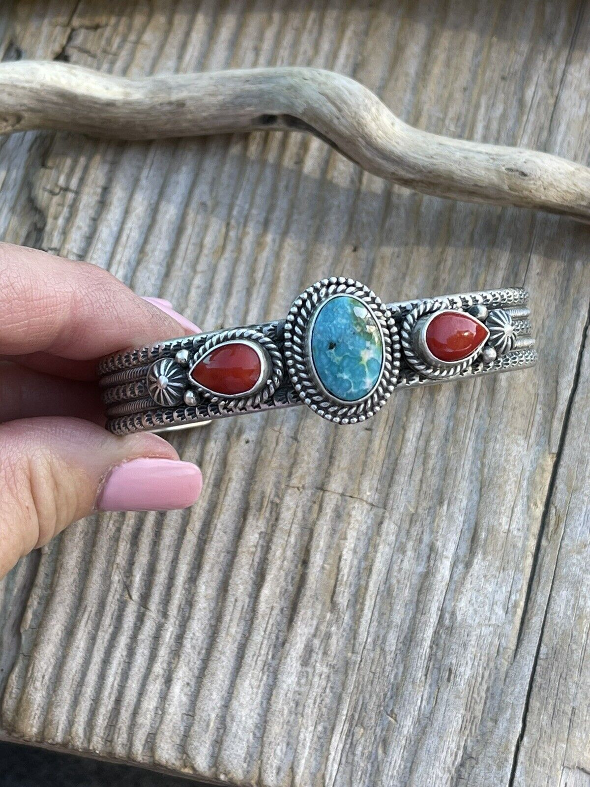 Navajo Sterling Silver Red Coral & Turquoise Bracelet Signed M & R Calladitto /