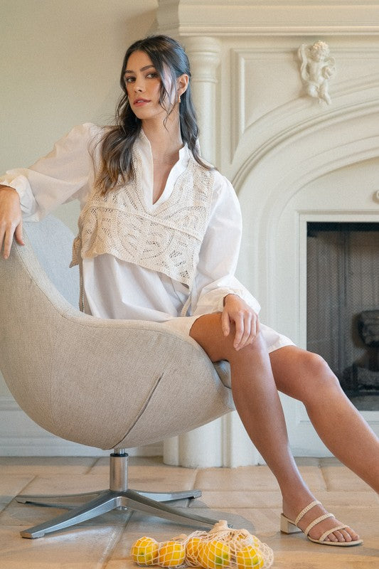 White Crochet Vest Long Sleeve Shirt Dress Vintage Dress For Women Unique Retro Girls Dress