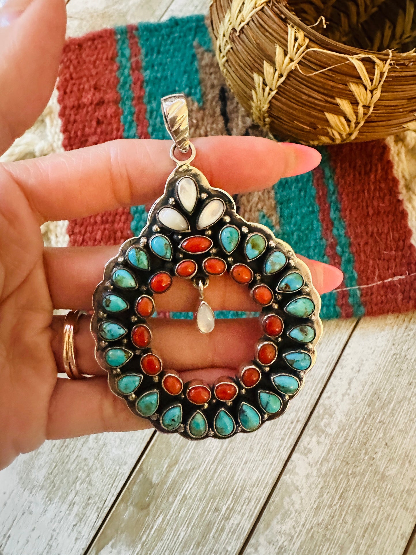 ** Christmas Collection ** Handmade Sterling Silver, Turquoise & Coral Wreath Pendant Signed Nizhoni
