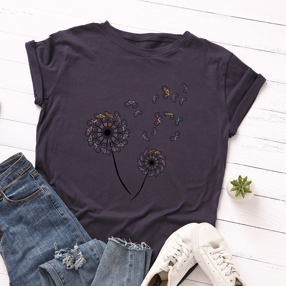 Women's Loose Dandelion Bike Round Neck Short Sleeve T-shirt
