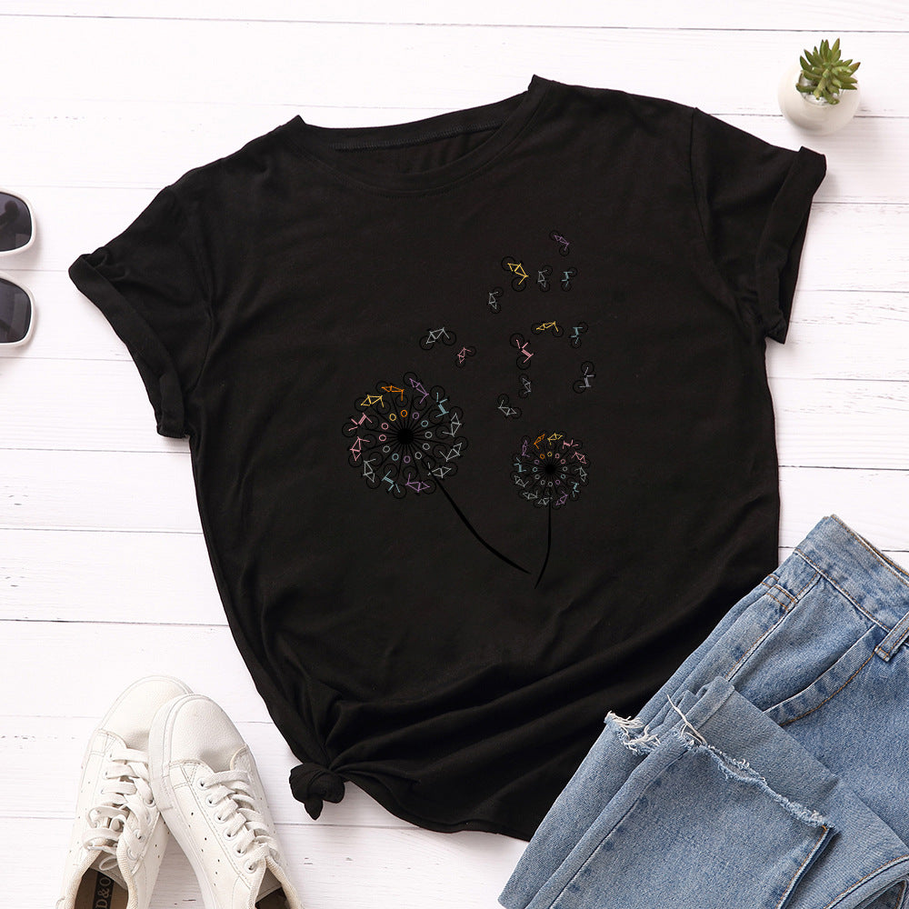Women's Loose Dandelion Bike Round Neck Short Sleeve T-shirt