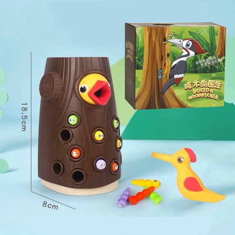 Woodpecker eats catching bug fishing toy