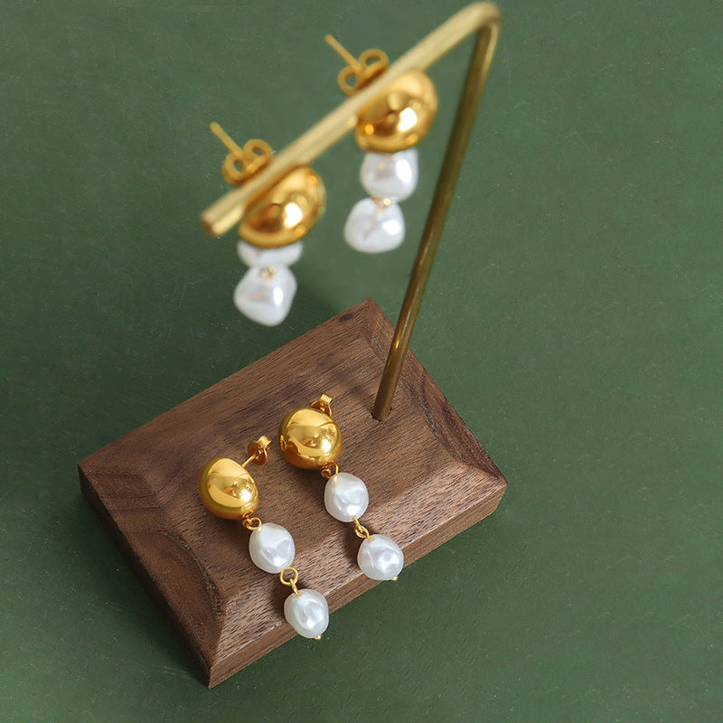 French Retro Shell Pearls Steel Ball Earrings Baroque