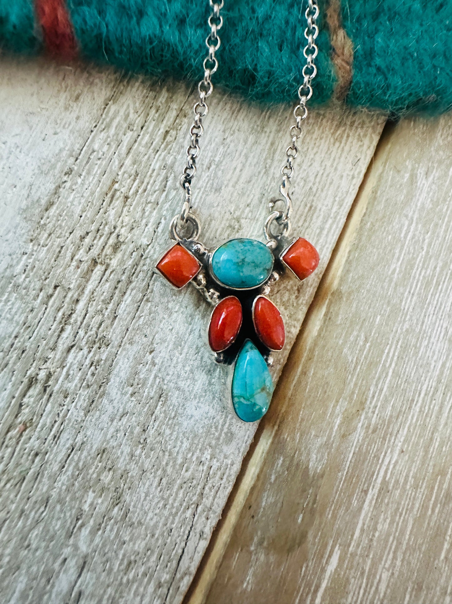 ** Christmas Collection ** Handmade Sterling Silver, Turquoise & Coral Necklace Signed Nizhoni