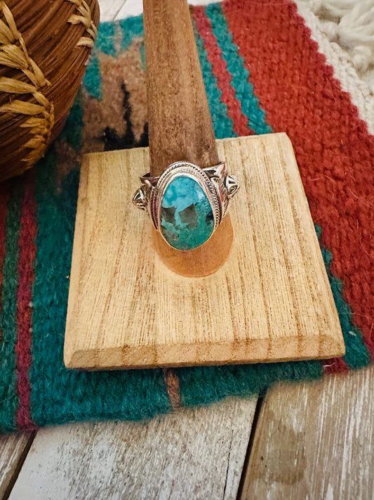 Handcrafted Sterling Silver & Turquoise Teardrop Cigar Band Ring Size 9
