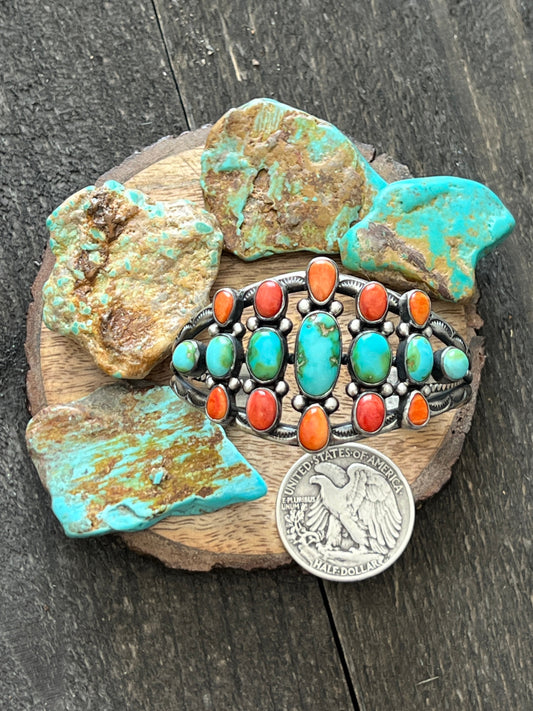 Hand Stamped Sterling Silver, Sonoran Turquoise and Spiny Oyster Shell Cluster Cuff Bracelet by Diane Wylie /