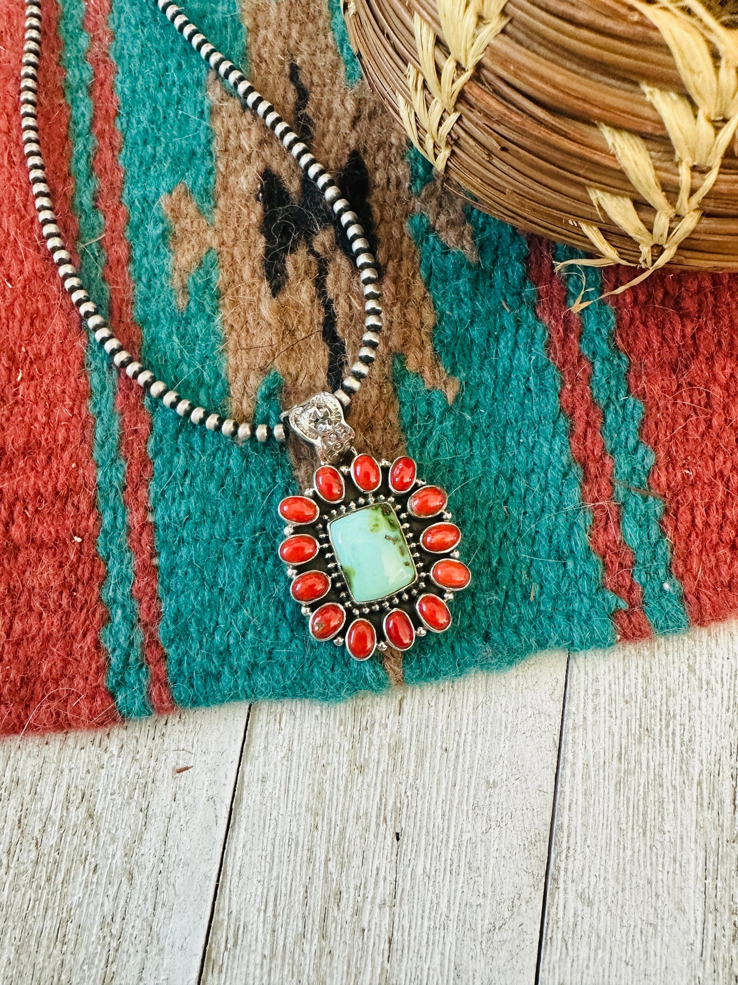 ** Christmas Collection ** Handmade Sterling Silver, Coral & Turquoise Cluster Pendant Signed Nizhoni