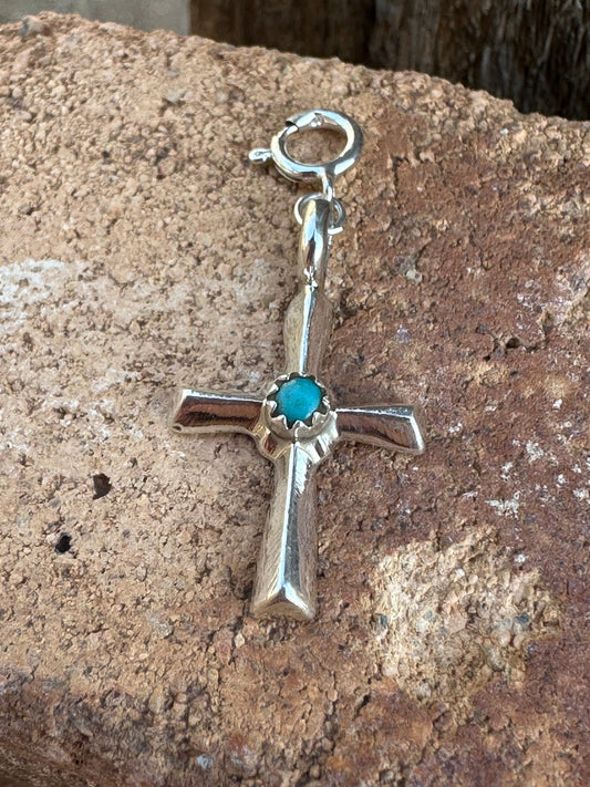 Handcrafted Sterling Silver and Turquoise Hand Stamped Cross Charm