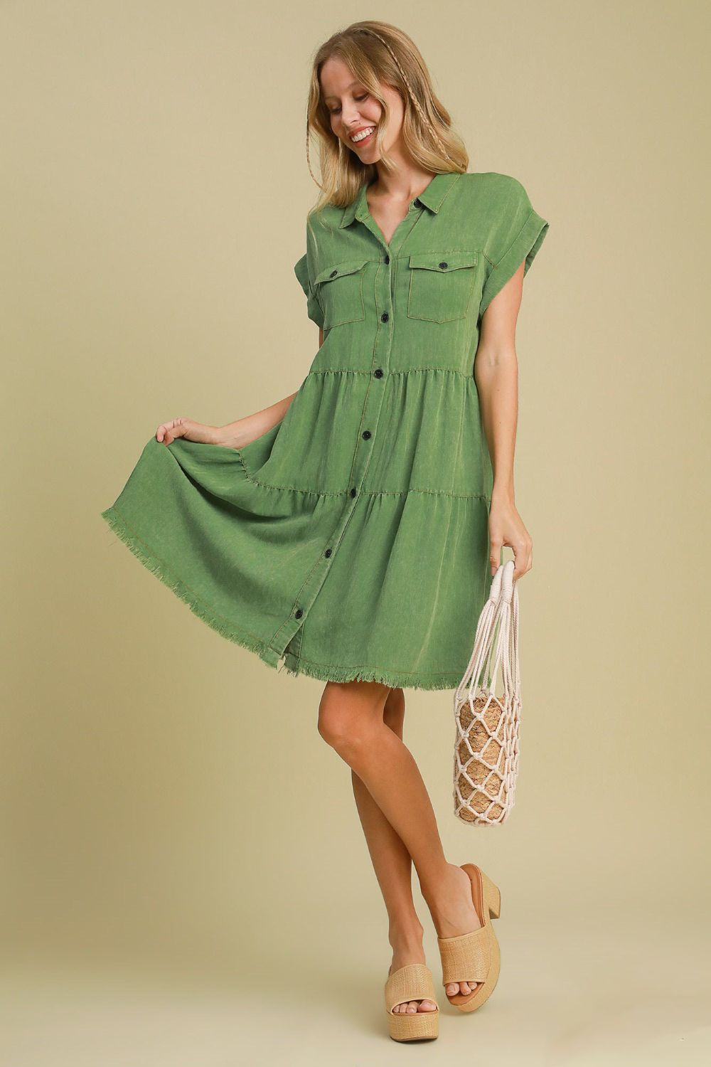 Green Full Size Button-Down Shirt Dress Plus Size Casual & Simple Lightweight Dress