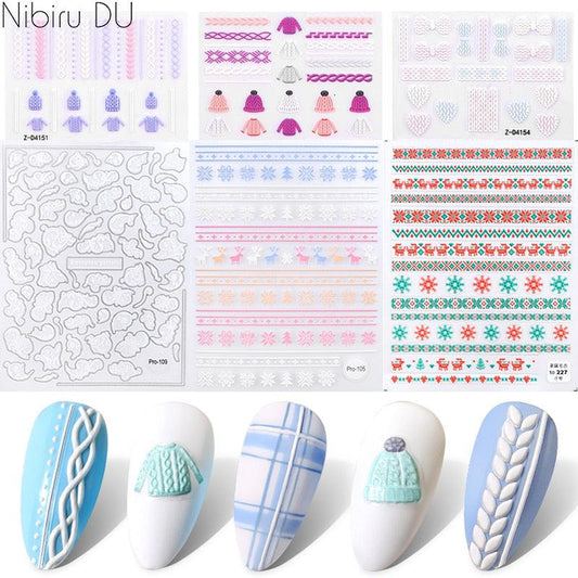 5D Sweater Nail Sticker Acrylic Engraved Winter Charm Designs Beauty Cloth Christmas Patterns Nails Art Decoration Tools  Nail Art Stickers Decor Tip Transfer Nail Decals Sticker For Pretty Girl Self-Adhesive Nail Decals Designer Nail Stickers