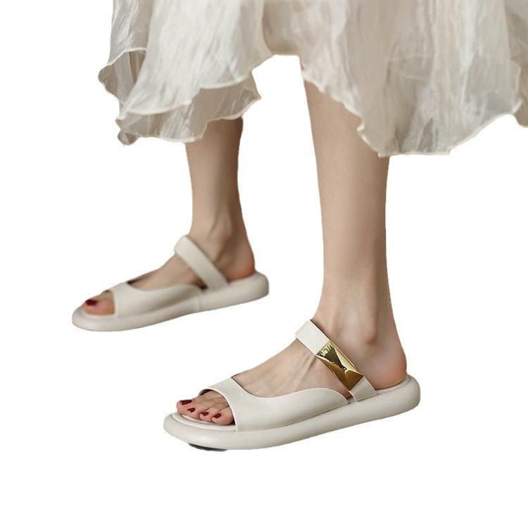 Peep Toe Flat For Outdoors French Soft Leather Platform Sandals