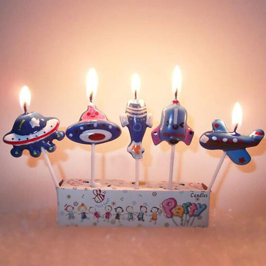 5PCS/Set Airplane Candle Cartoon Aircraft Spacecraft Rocket Birthday Cake Candles Outer Space Party Favors Cute Space Ship Cake Decorations for Kids Perfect for Birthday Party Children Carnival Party And Cupcake Decorative Candle For Kids Party