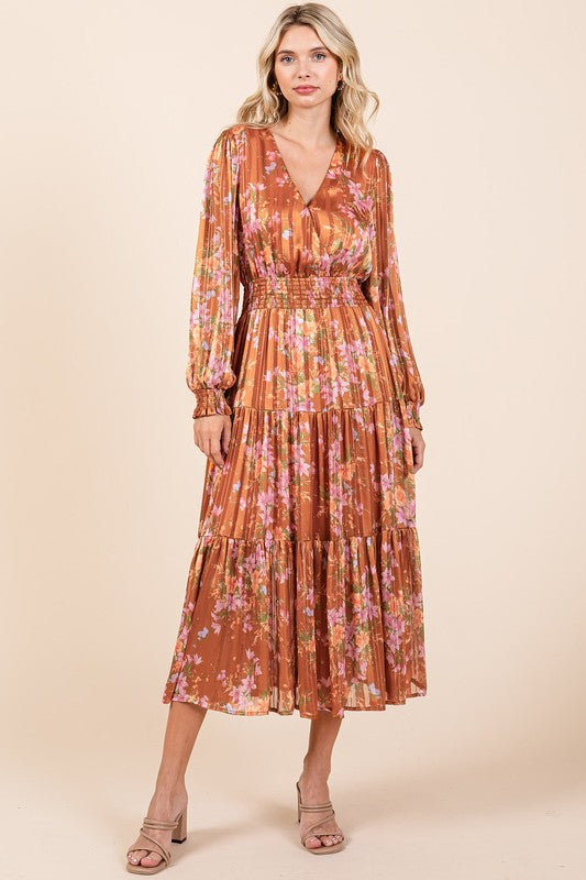 Flower Print Satin Lurex Stripe Smocked Midi Summer Dress – Elegant Midi Dress, Satin Lurex Dress, Floral Dress, Smocked Waist Dress, Romantic Midi Dress, Special Occasion Dress