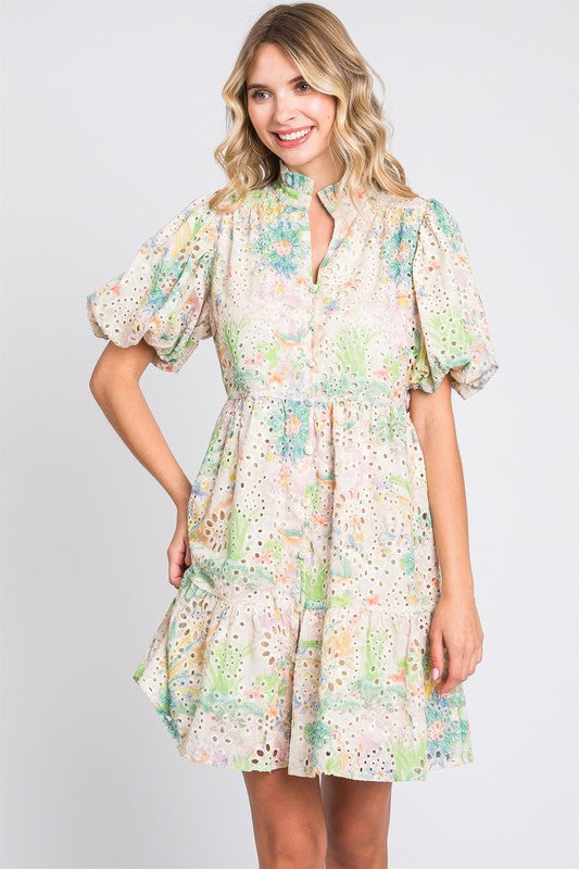 Floral Eyelet Lace Puff Sleeve Mini Summer Dress – Fluttering, Feminine and Playful Floral Eyelet Lace Mini Dress with Puff Sleeves