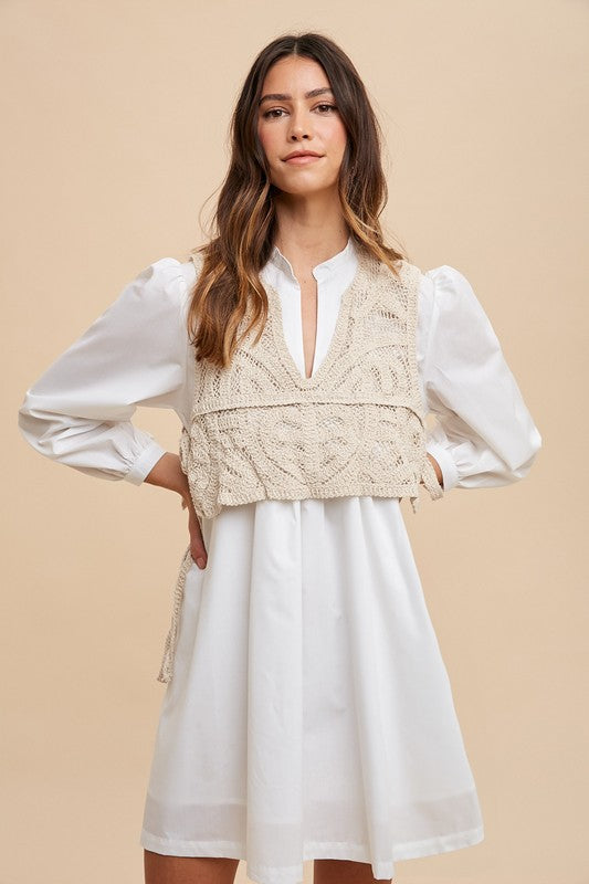 White Crochet Vest Long Sleeve Shirt Dress Vintage Dress For Women Unique Retro Girls Dress