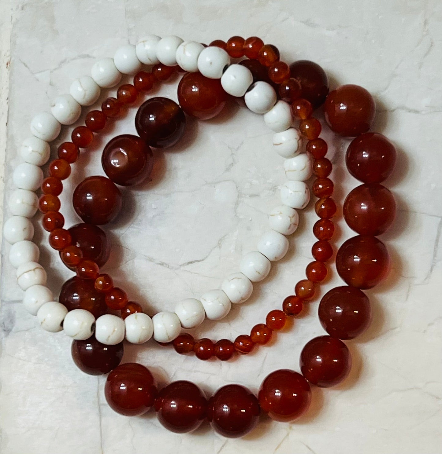 Red Agate, Cream Howlite Stretch Bracelet Set of 3