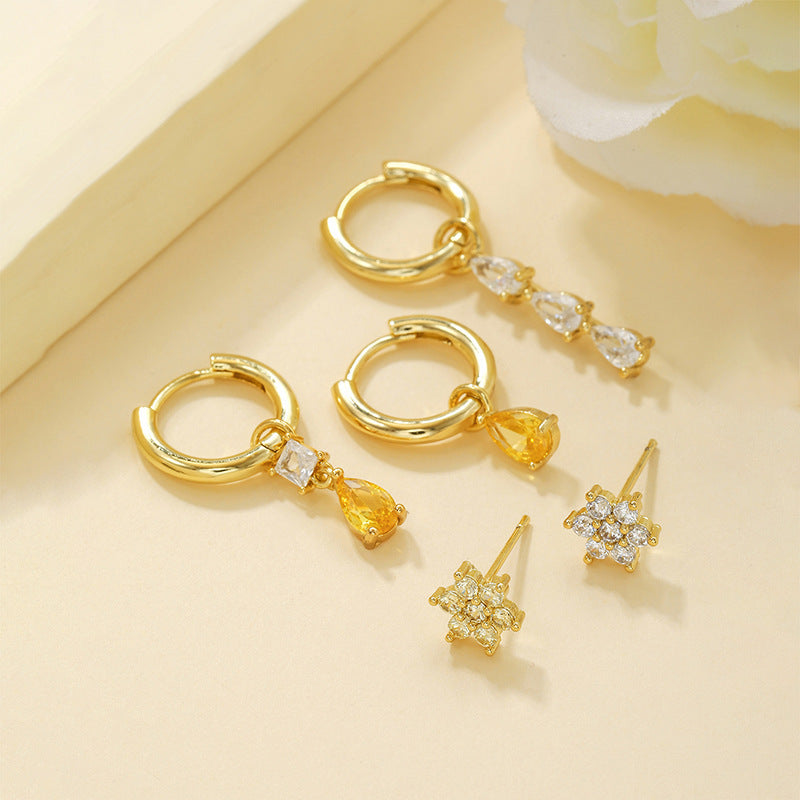 Water Drop Diamond Earrings Fashion Hexagonal Five-piece Set