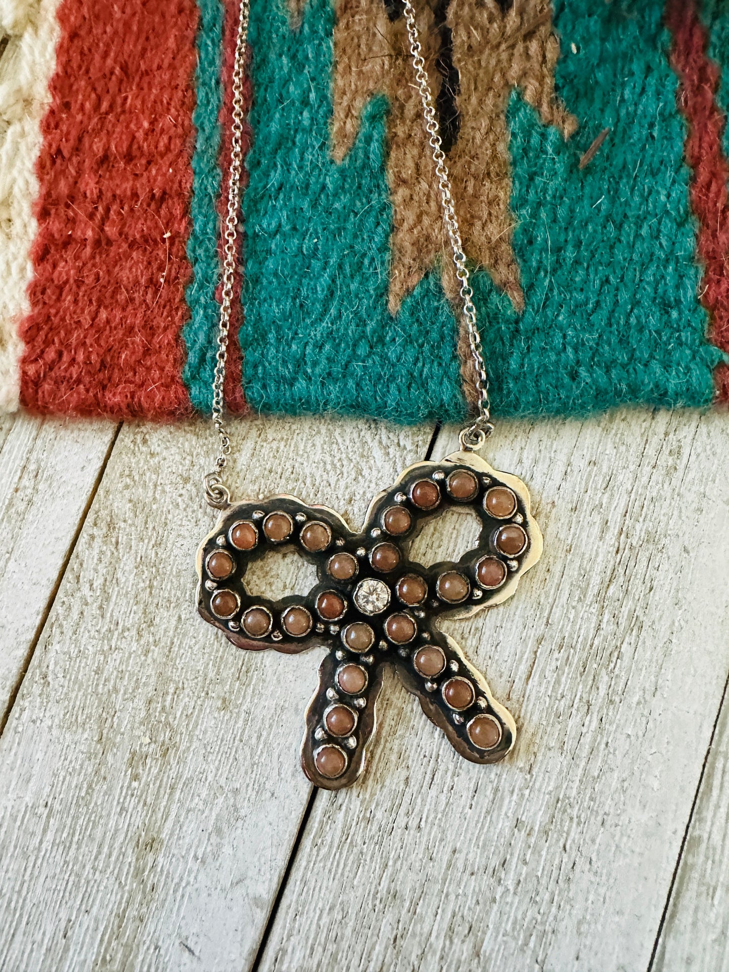 ** Christmas Collection ** Handmade Sterling Silver, Mother of Pearl & CZ Bow Necklace Signed Nizhoni