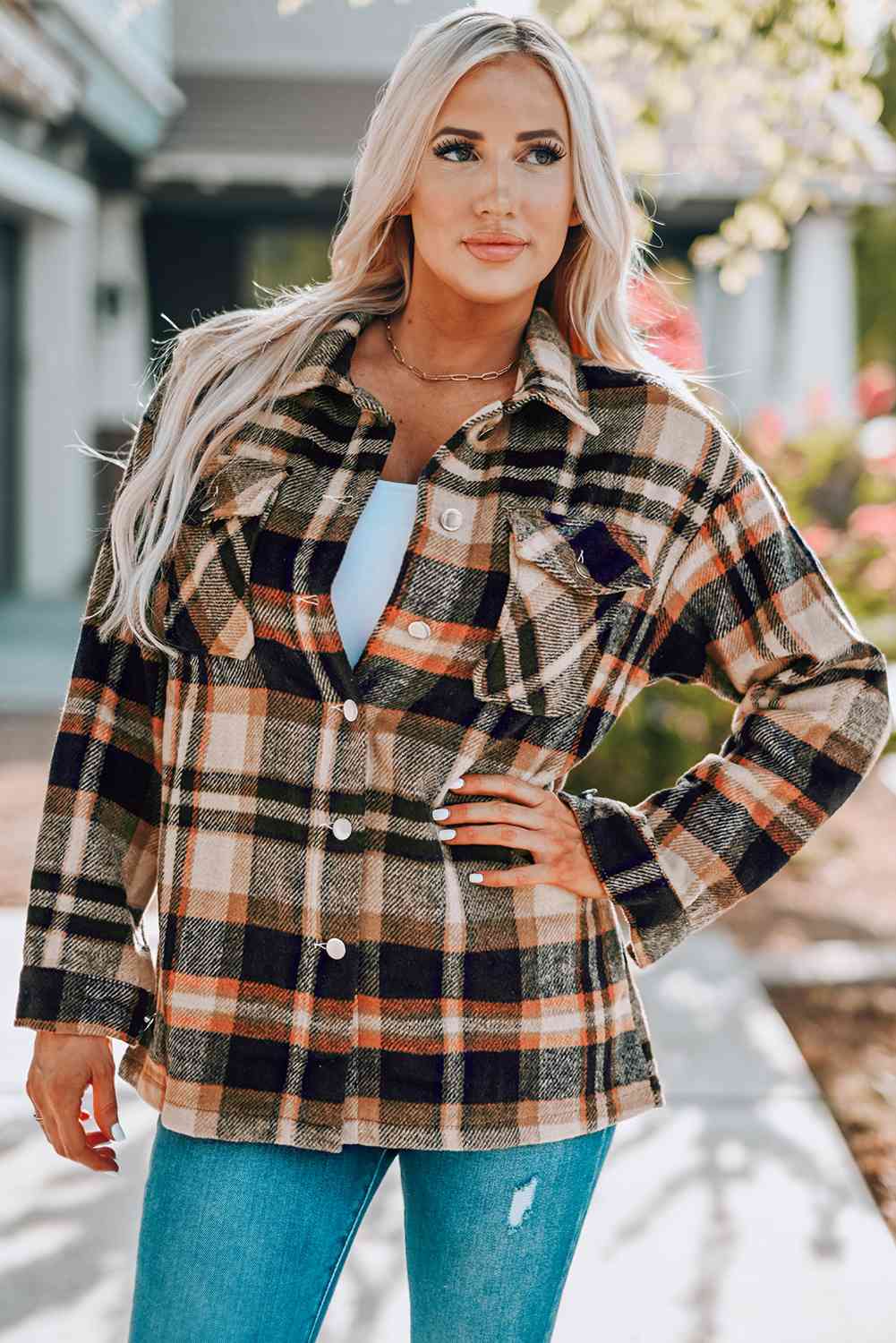 Classic Plaid Button Front Shirt Jacket with Breast Pockets Casual & Minimalist Outerwear
