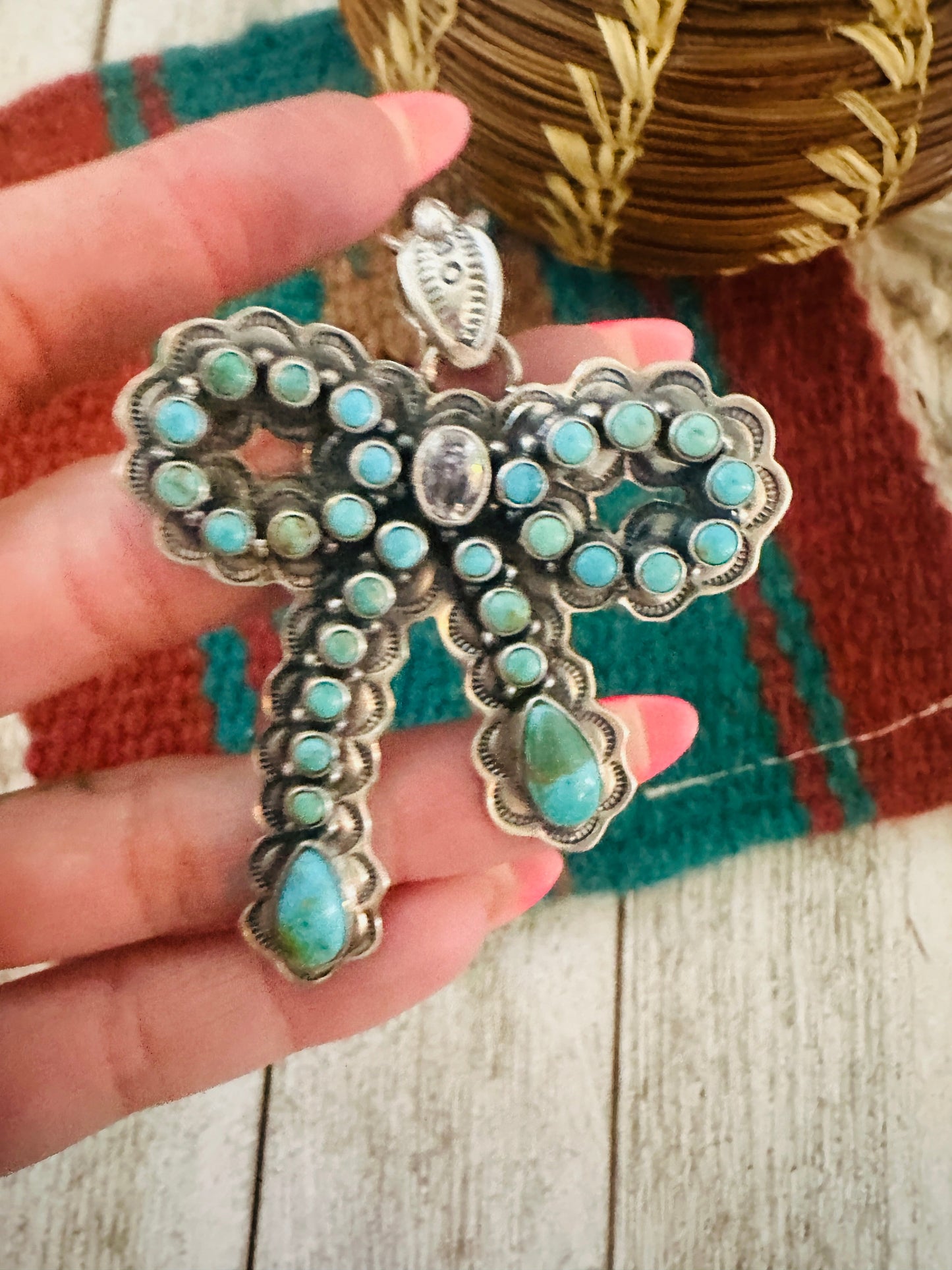 ** Christmas Collection ** Handmade Sterling Silver, Turquoise & CZ Bow Pendant Signed Nizhoni