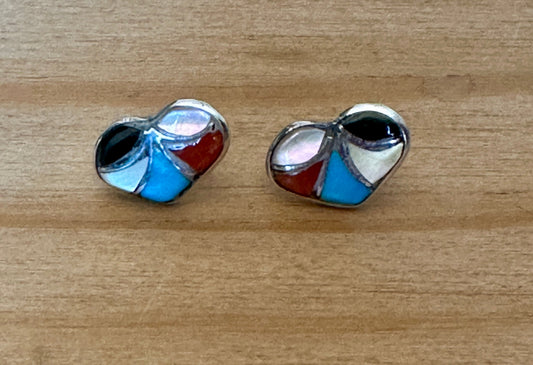 Handcrafted Sterling Silver & Multi Stone Inlay Stud Heart Earrings