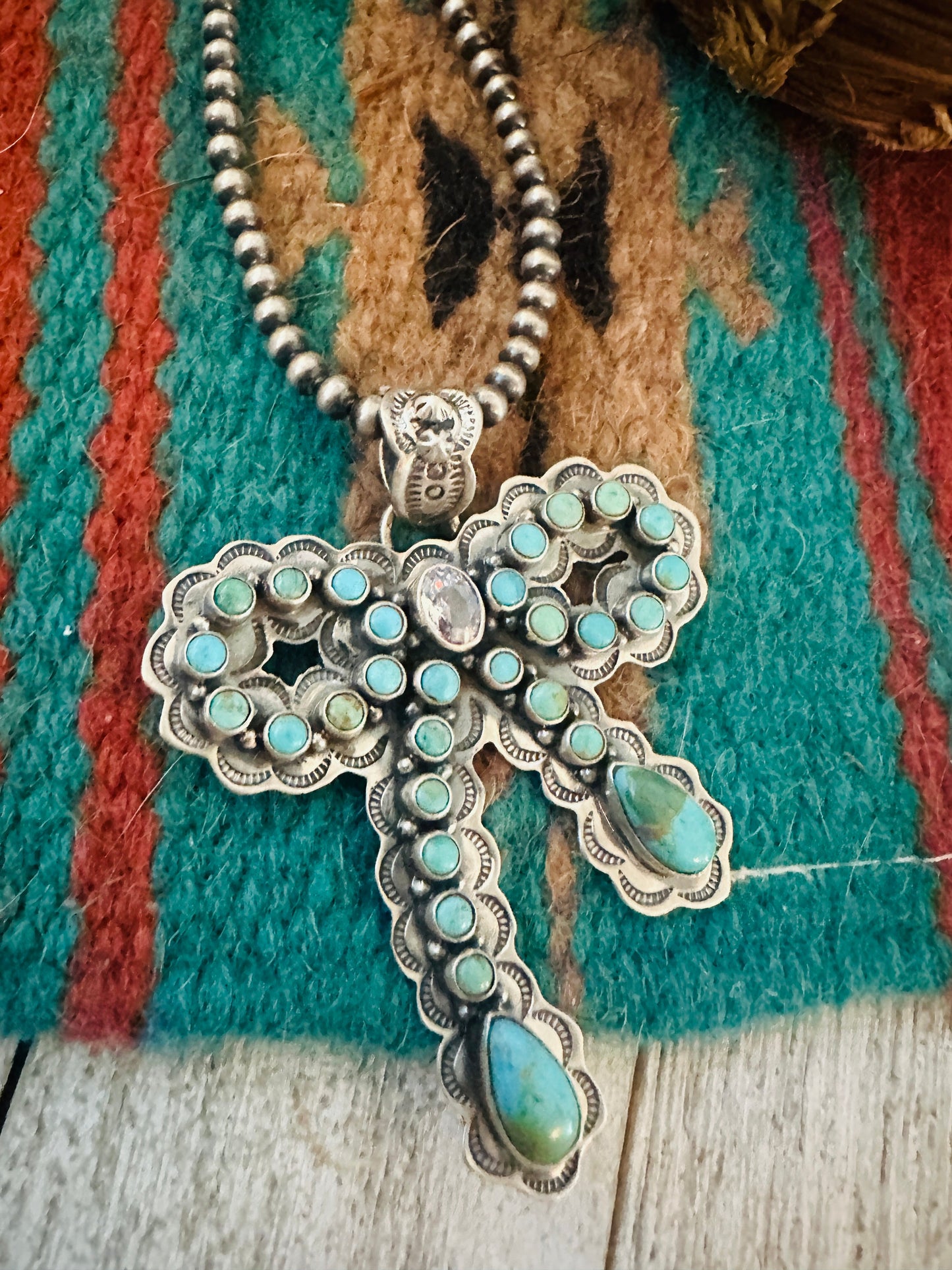 ** Christmas Collection ** Handmade Sterling Silver, Turquoise & CZ Bow Pendant Signed Nizhoni