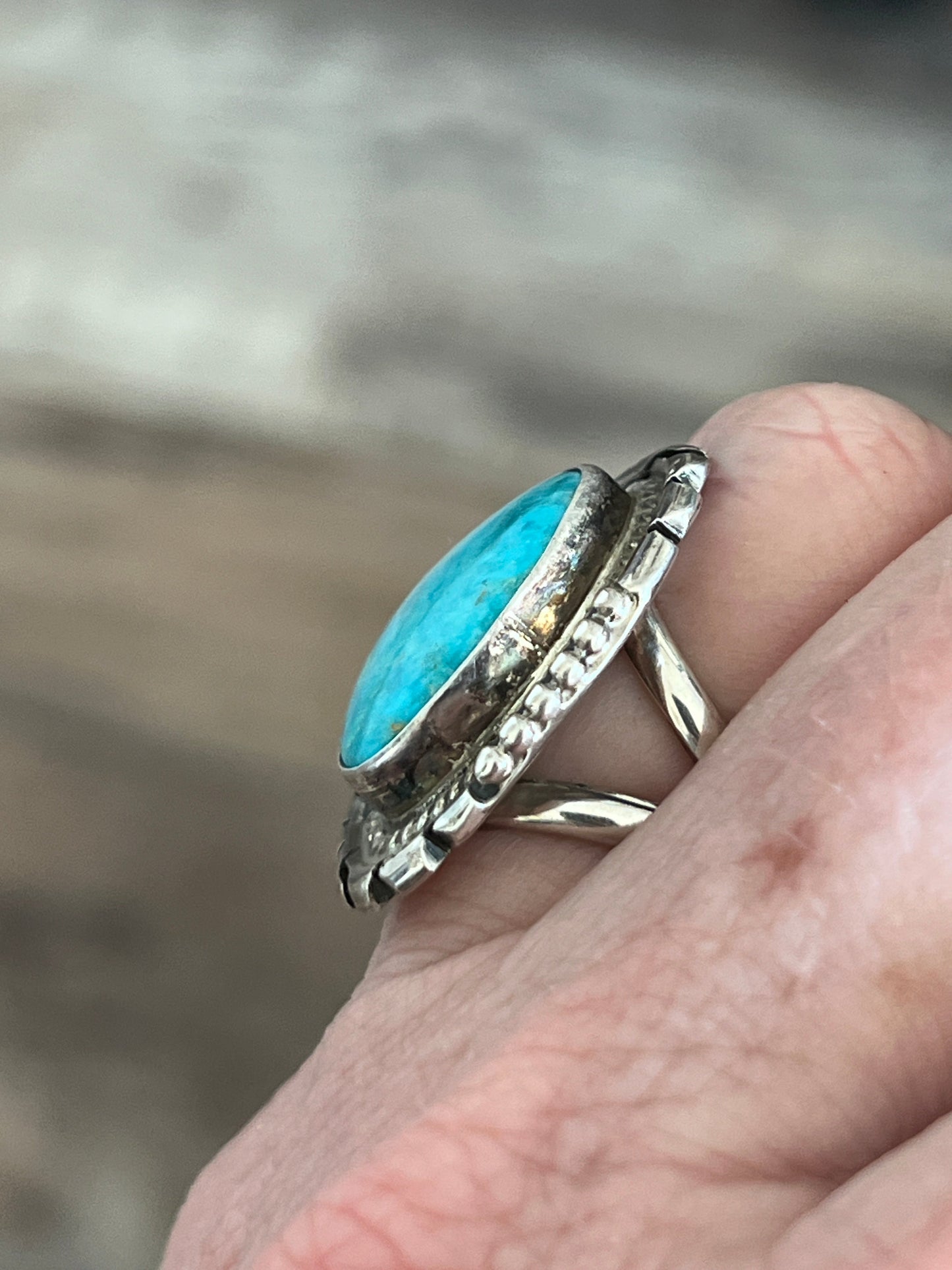 Handcrafted Sterling Silver and Sonoran Turquoise Saw Cut Ring by Peggy Skeets