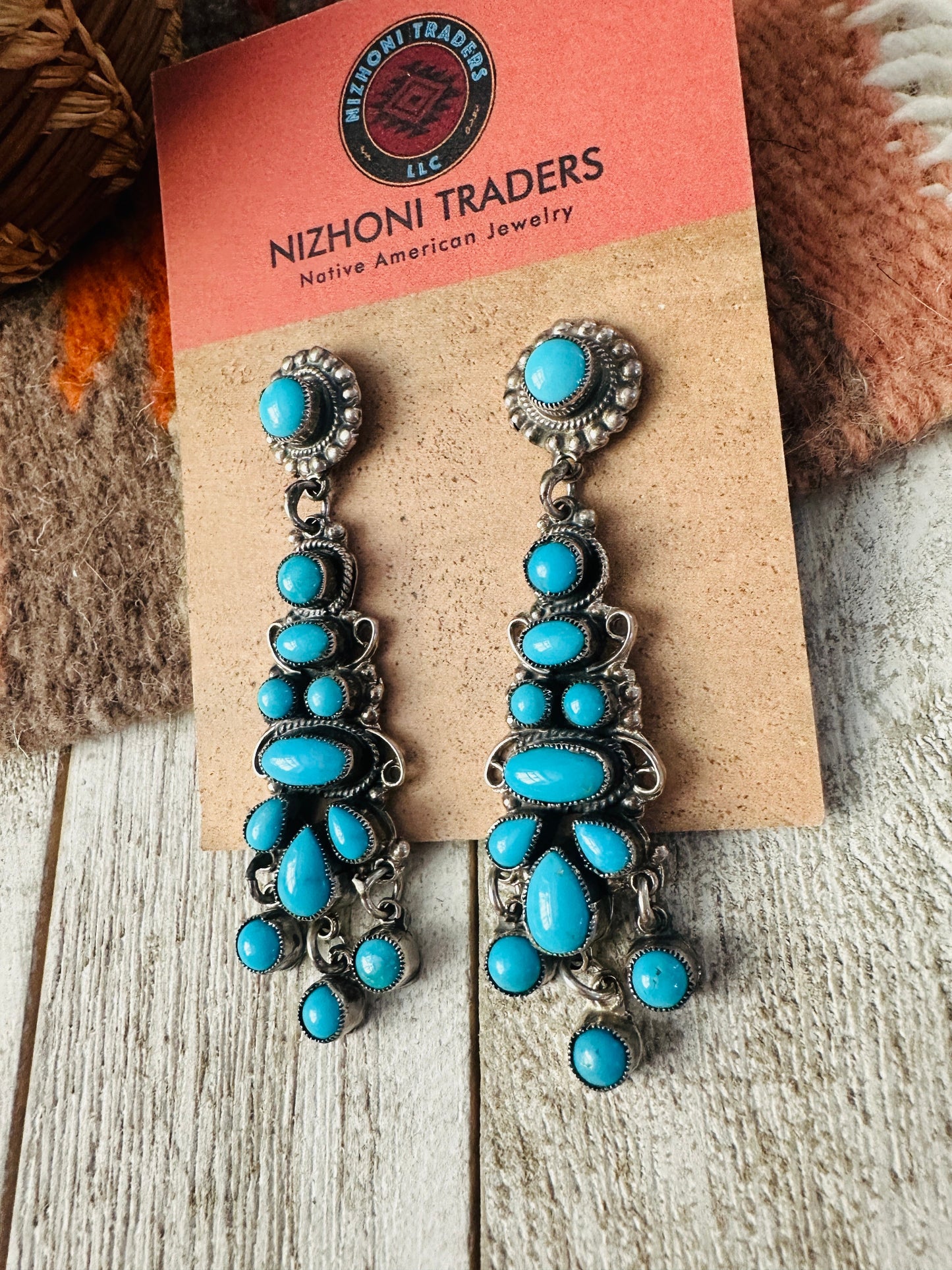 Navajo Sterling Silver & Sleeping Beauty Turquoise Cluster Dangle Earrings