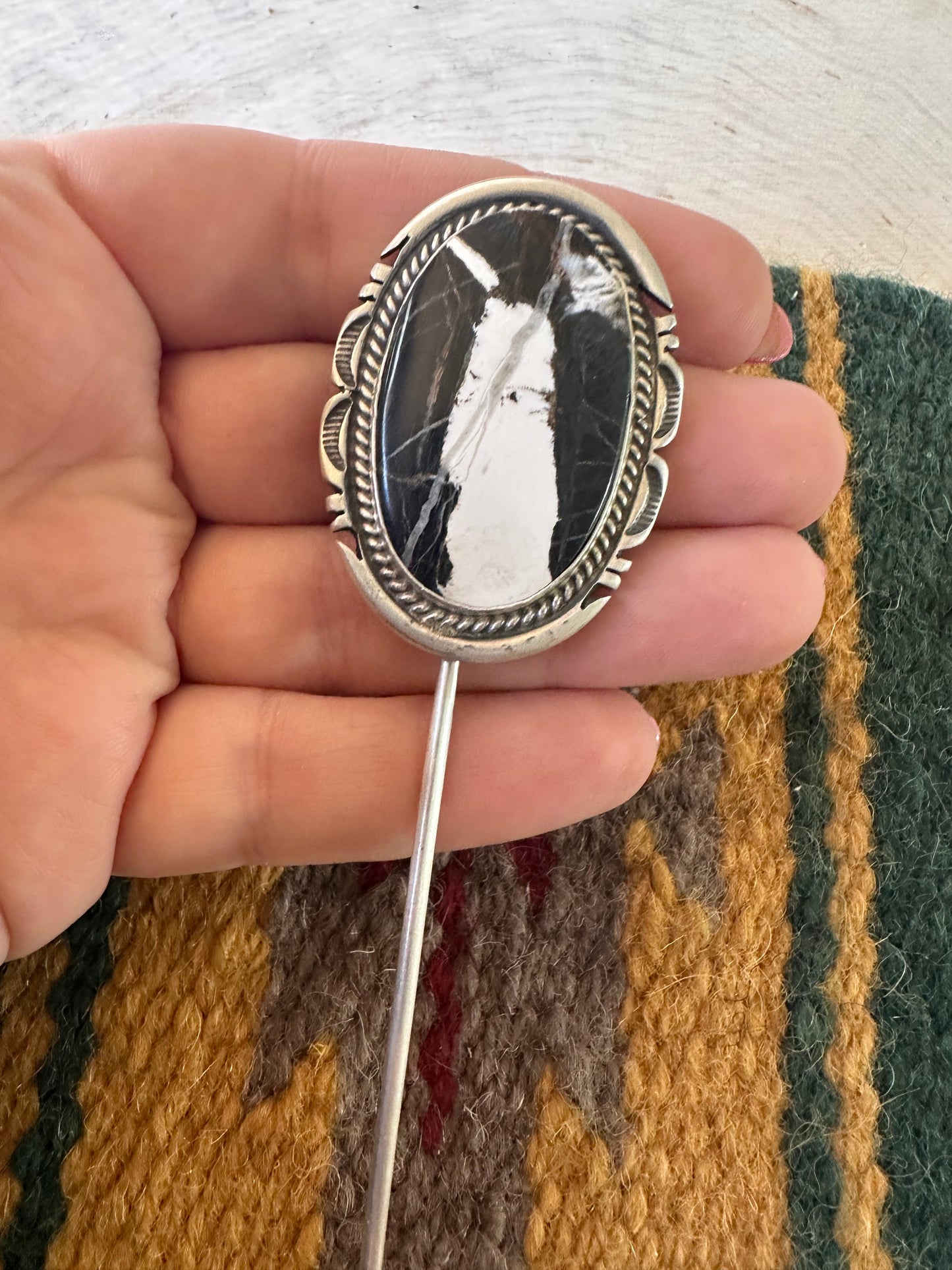 Handcrafted White Buffalo & Sterling Silver Hair Pin Signed