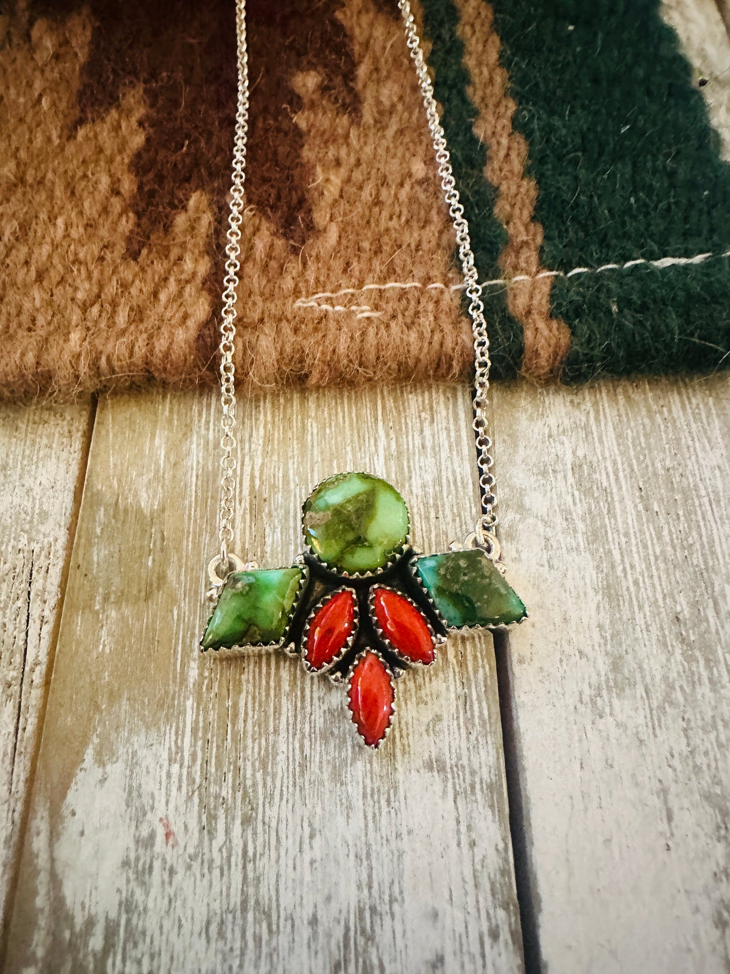 ** Christmas Collection ** Handmade Sterling Silver, Turquoise & Coral Necklace Signed Nizhoni