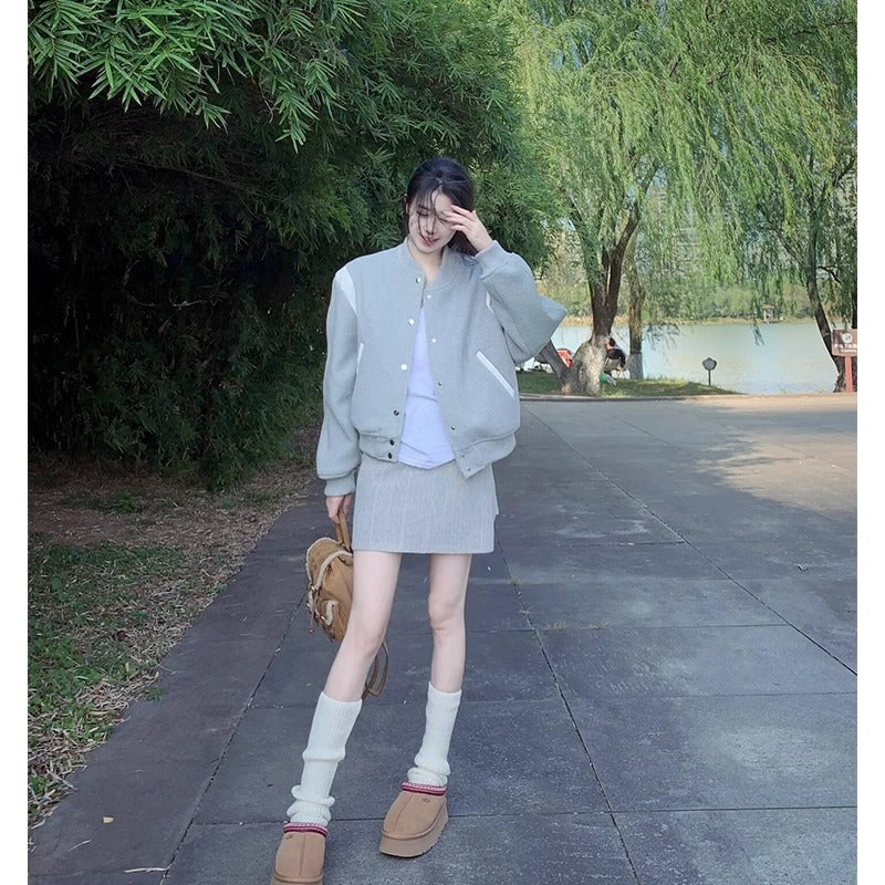 Autumn Gray Baseball Uniform Short Coat Autumn Women's Korean-style Thin Jacket