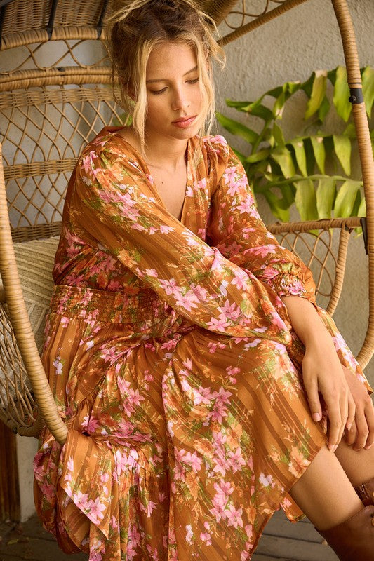 Flower Print Satin Lurex Stripe Smocked Midi Summer Dress – Elegant Midi Dress, Satin Lurex Dress, Floral Dress, Smocked Waist Dress, Romantic Midi Dress, Special Occasion Dress