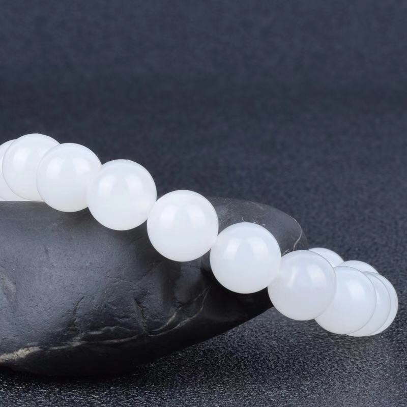 Hotan White Jade Goat Fat Round Bead Bracelet