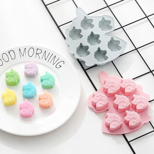 7 Cells Cute Unicorn Silicone Cake Molds No Smell Food Grade Material For Candle, Fondant, Biscuit, Dessert, Chocolate Molds Mini Unicorn Head Ice Cube Tray, Unicorn Silicone Molds Set For Chocolate Candy Cake Cupcake Soap Baking