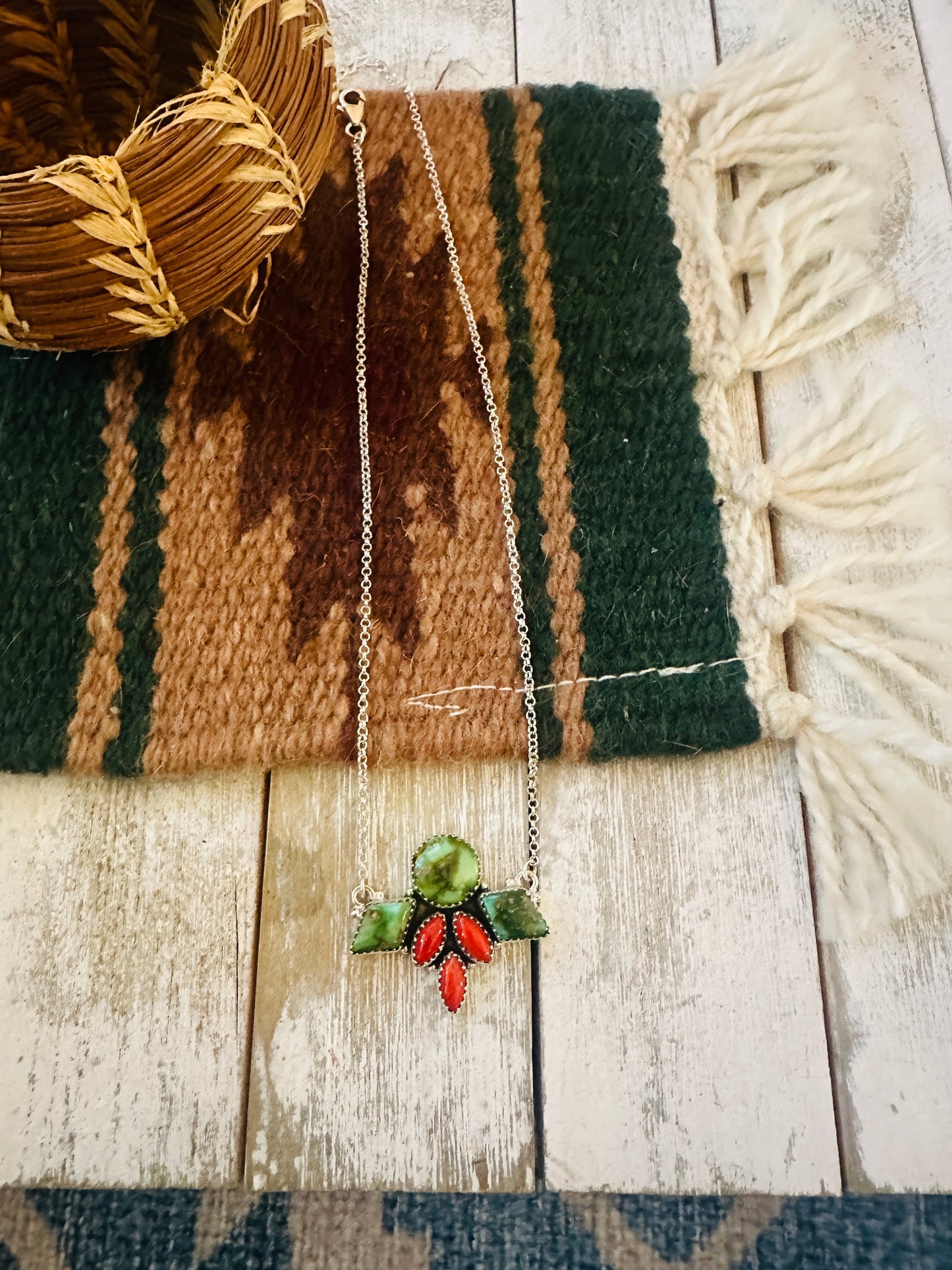 ** Christmas Collection ** Handmade Sterling Silver, Turquoise & Coral Necklace Signed Nizhoni