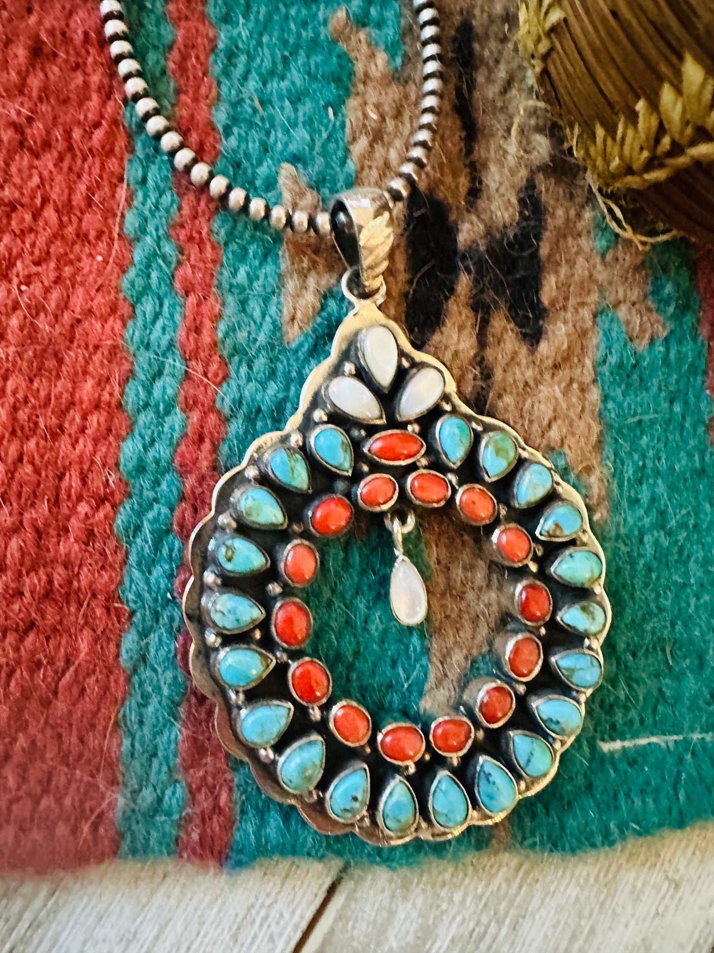 ** Christmas Collection ** Handmade Sterling Silver, Turquoise & Coral Wreath Pendant Signed Nizhoni