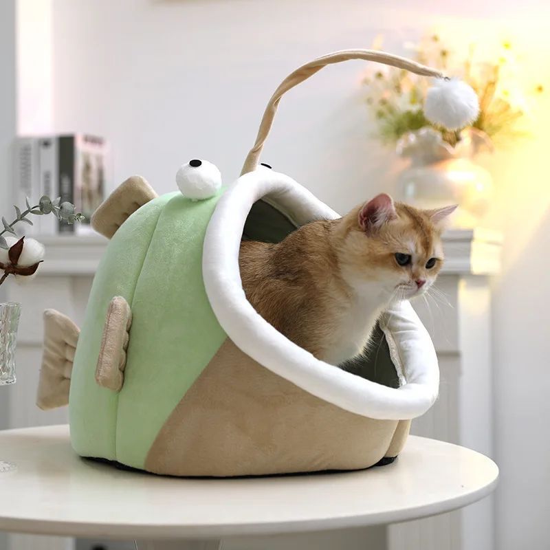 Multifunctional Winter Cat Nest Lantern Fish Cat House Semi-closed Deerskin Velvet Small Dog Kennel Warm And Comfortable