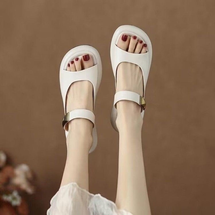 Peep Toe Flat For Outdoors French Soft Leather Platform Sandals