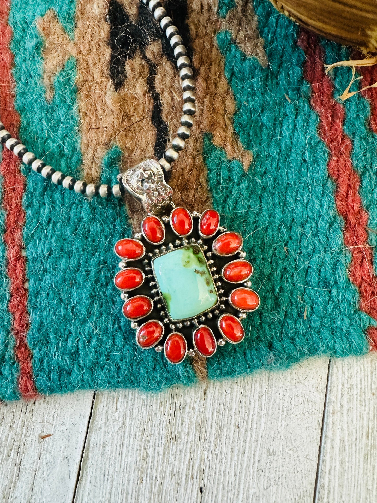 ** Christmas Collection ** Handmade Sterling Silver, Coral & Turquoise Cluster Pendant Signed Nizhoni