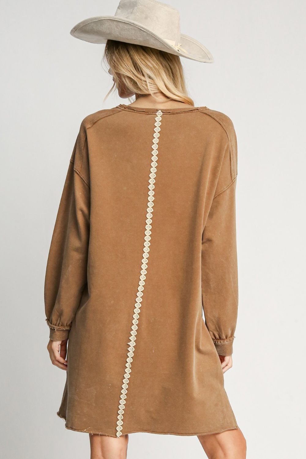 Peace Lace Applique Frayed Hem French Terry Mini Dress For Women – Casual Terry Mini Dress, Lace Applique Dress, Edgy Frayed Hem Dress, Bohemian Lace Dress, Trendy Mini Dress