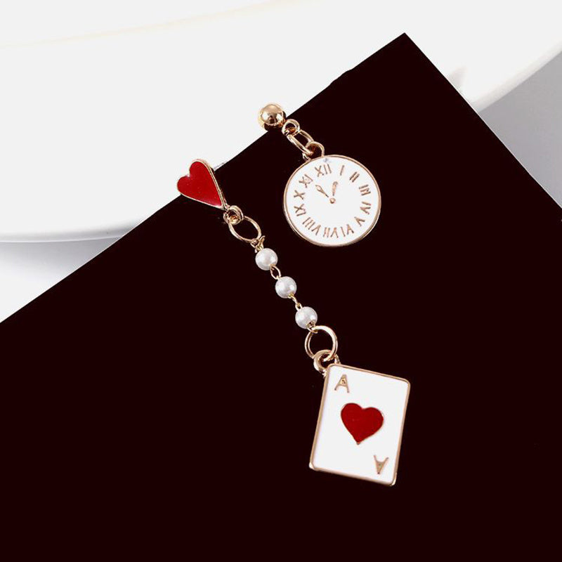 Cartoon Alice Clock Poker Card Ace of Hearts Pearls Asymmetrical Earrings For Women Girls