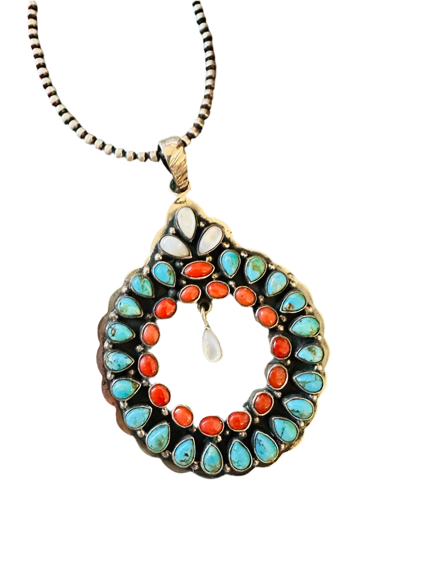 ** Christmas Collection ** Handmade Sterling Silver, Turquoise & Coral Wreath Pendant Signed Nizhoni