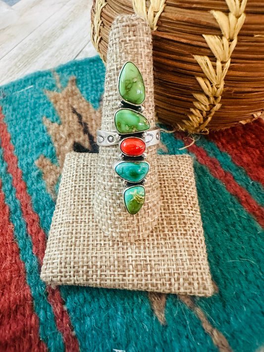 ** Christmas Collection ** Handmade Sterling Silver, Turquoise & Coral Adjustable Ring Signed Nizhoni