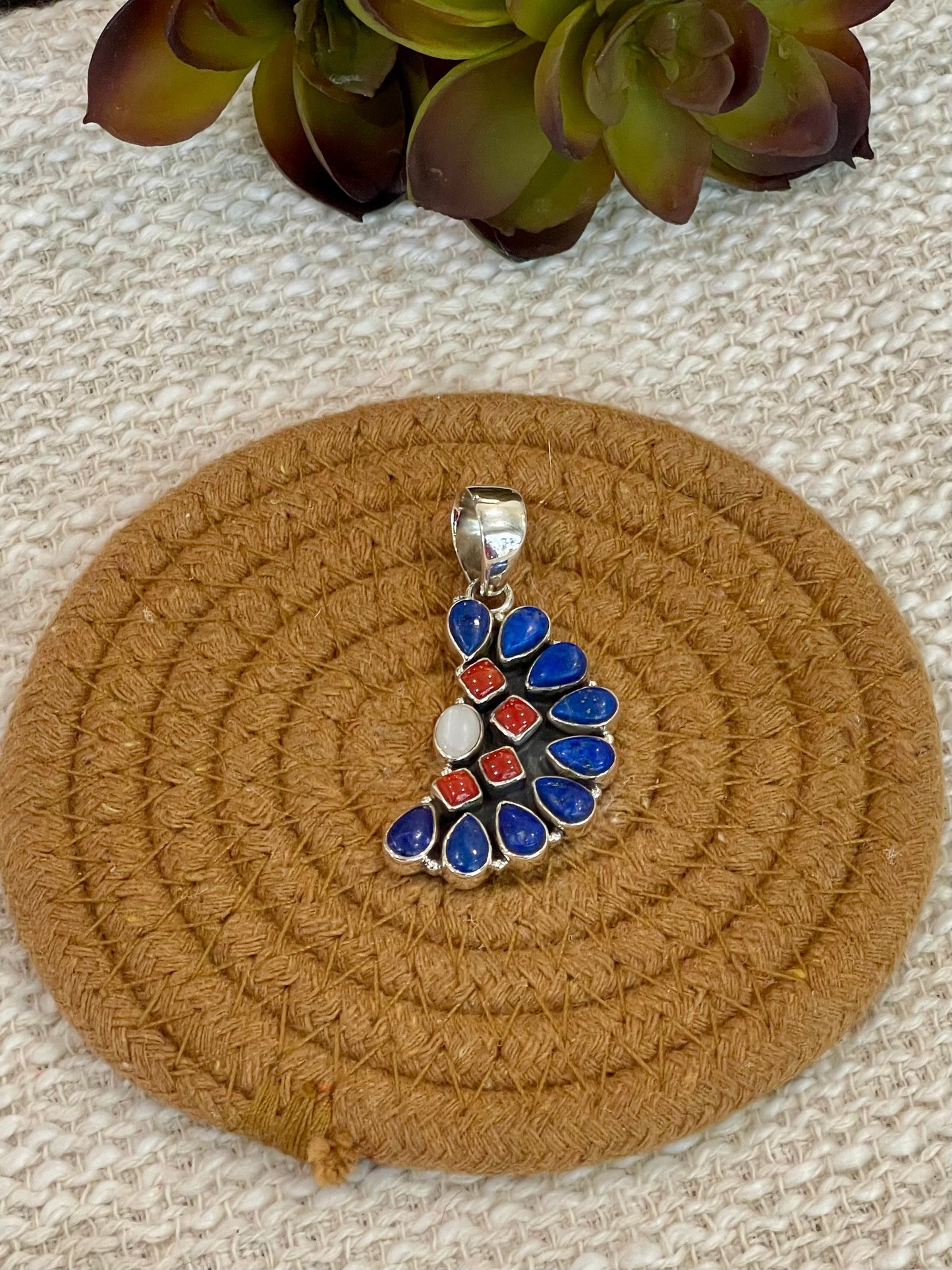 ** 4TH OF JULY ** Handmade Sterling Silver, Lapis & Coral Cluster Pendant with Signed Nizhoni