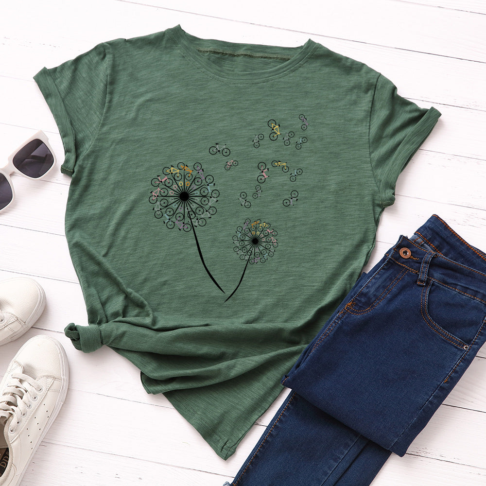 Women's Loose Dandelion Bike Round Neck Short Sleeve T-shirt